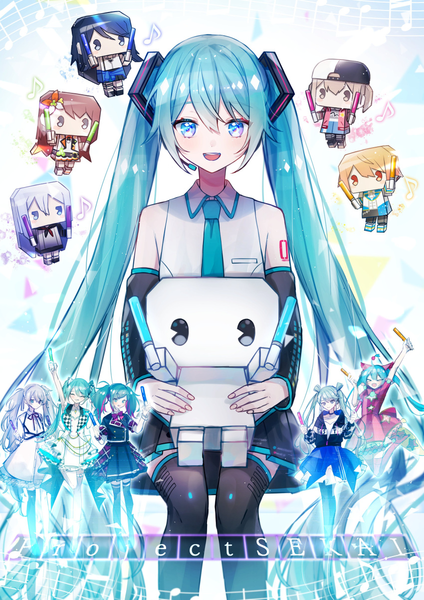 &gt;_&lt; 1boy 6+girls absurdres aqua_eyes aqua_hair aqua_neckwear arm_up azusawa_kohane bare_shoulders beamed_eighth_notes black_dress black_hair black_jacket black_legwear black_skirt black_sleeves blonde_hair blue_eyes blue_skirt brown_hair chest_harness chibi closed_eyes commentary detached_sleeves dress eighth_note flower gloves grey_hair hair_flower hair_ornament hanasato_minori harness hatsune_miku headphones headset highres holding_penlight hoshino_ichika_(project_sekai) jacket jumping legs_up light_brown_eyes light_brown_hair long_hair looking_at_viewer medium_hair miniskirt multicolored_hair multiple_girls multiple_persona musical_note neck_ribbon necktie penlight pleated_skirt project_sekai quarter_note red_dress red_neckwear ribbon robot shirt shoulder_tattoo sitting sitting_on_lap sitting_on_person skirt sleeveless sleeveless_shirt smile staff_(music) standing streaked_hair tattoo tenma_tsukasa thigh-highs twintails two-tone_hair very_long_hair vocaloid white_dress white_gloves white_shirt yazu82 yellow_eyes yoisaki_kanade zettai_ryouiki