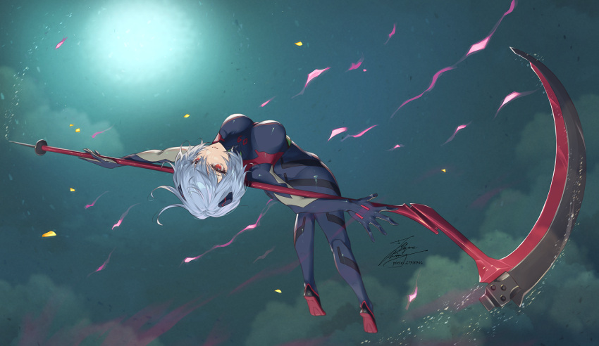 1girl ayanami_rei black_bodysuit bodysuit breasts fadingz floating hairpods medium_breasts neon_genesis_evangelion pilot_suit plugsuit rebuild_of_evangelion scythe short_hair solo somersault