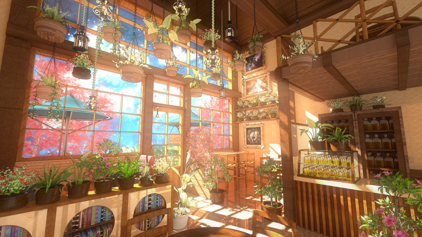 3d blue_sky bottle cabinet chair cherry_blossoms clouds day door fartiart hanging_light hanging_plant highres indoors interior leaf light_rays mixed-language_commentary no_humans original painting_(object) petals plant potted_plant reflection scenery shelf sky sunbeam sunlight table umbrella vines window wooden_floor