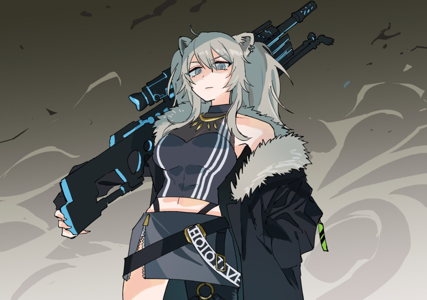 1girl animal_ears bangs bare_shoulders black_jacket breasts closed_mouth ear_piercing eyebrows_visible_through_hair fur_trim grey_hair grey_skirt gun halter_top halterneck holding holding_gun holding_weapon hololive hololive_alternative jacket lion_ears lion_girl long_hair looking_at_viewer looking_down medium_breasts mochizuki_maya navel open_hands piercing rifle sharp_teeth shishiro_botan sidelocks single_legging skirt sniper_rifle solo teeth thigh_strap twintails v-shaped_eyebrows virtual_youtuber weapon