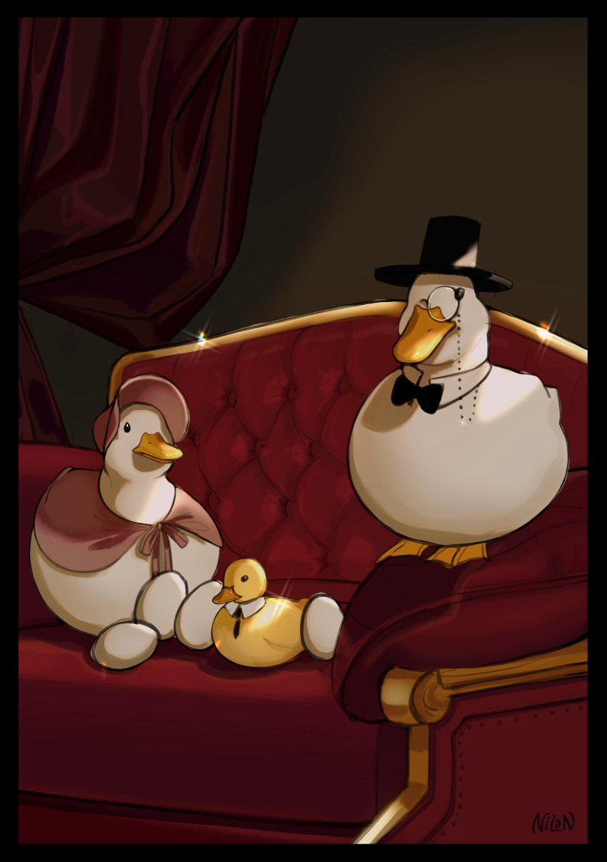 absurdres animal artist_name bird black_border black_headwear black_neckwear border bow bowtie commentary couch duck egg english_commentary family godfather_duck_(nilan) hat highres monocle necktie nilan_1999 no_humans original top_hat
