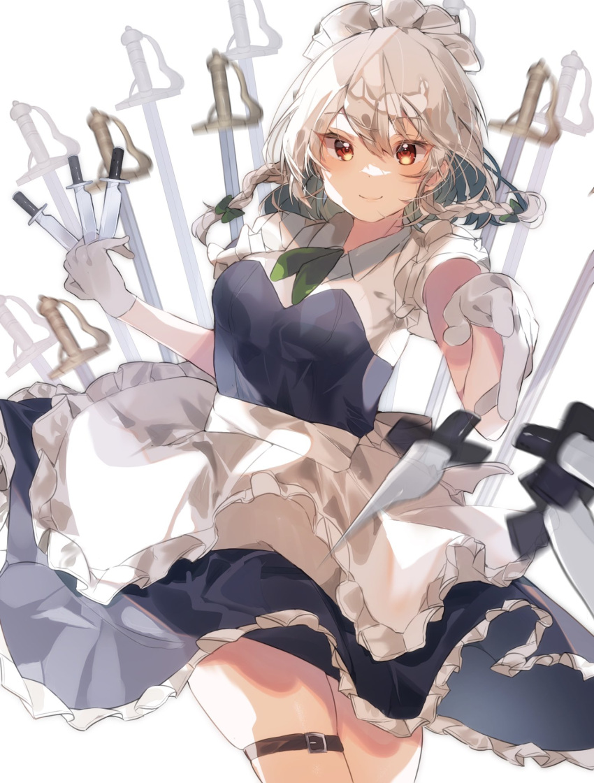 1girl apron bangs blue_dress bow braid breasts closed_mouth collar collared_shirt dress eyebrows_visible_through_hair eyes_visible_through_hair gloves gominami green_bow green_neckwear hair_between_eyes hair_bow hands_up highres izayoi_sakuya knife looking_to_the_side maid maid_headdress medium_breasts puffy_short_sleeves puffy_sleeves red_eyes shirt short_hair short_sleeves silver_hair simple_background smile solo touhou twin_braids weapon white_apron white_background white_gloves white_shirt