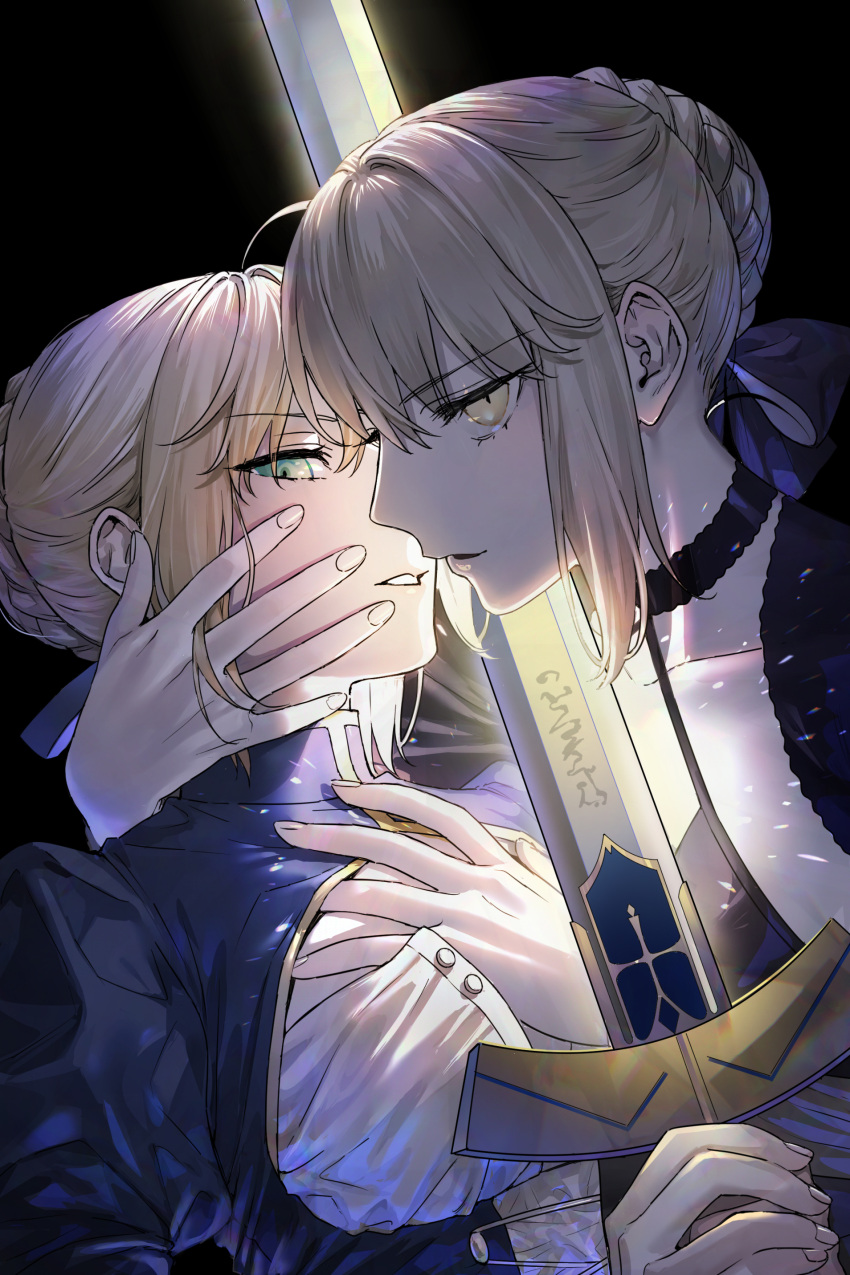 2girls absurdres ahoge artoria_pendragon_(fate) black_footwear black_ribbon blonde_hair blue_ribbon braid choker dutch_angle excalibur_(fate/stay_night) fate/stay_night fate_(series) french_braid glowing glowing_sword glowing_weapon hair_between_eyes hand_on_another's_face highres juliet_sleeves lace lace_choker long_sleeves looking_at_viewer multiple_girls nipi27 puffy_sleeves ribbon saber saber_alter slit_pupils weapon yellow_eyes yuri
