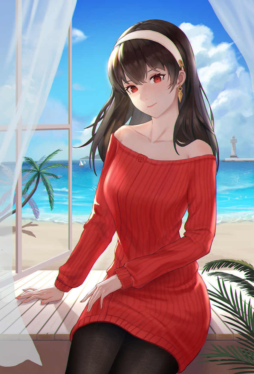 1girl bangs bare_shoulders beach black_hair black_legwear blue_sky boat closed_mouth clouds collarbone curtains day dress earrings expressionless gold_earrings hairband highres jewelry lighthouse lips long_hair longyu_(17767756) looking_at_viewer ocean off-shoulder_sweater off_shoulder open_window palm_tree pantyhose pink_nails red_eyes red_sweater sand sitting sky solo spy_x_family sweater sweater_dress tree watercraft white_hairband window yor_briar