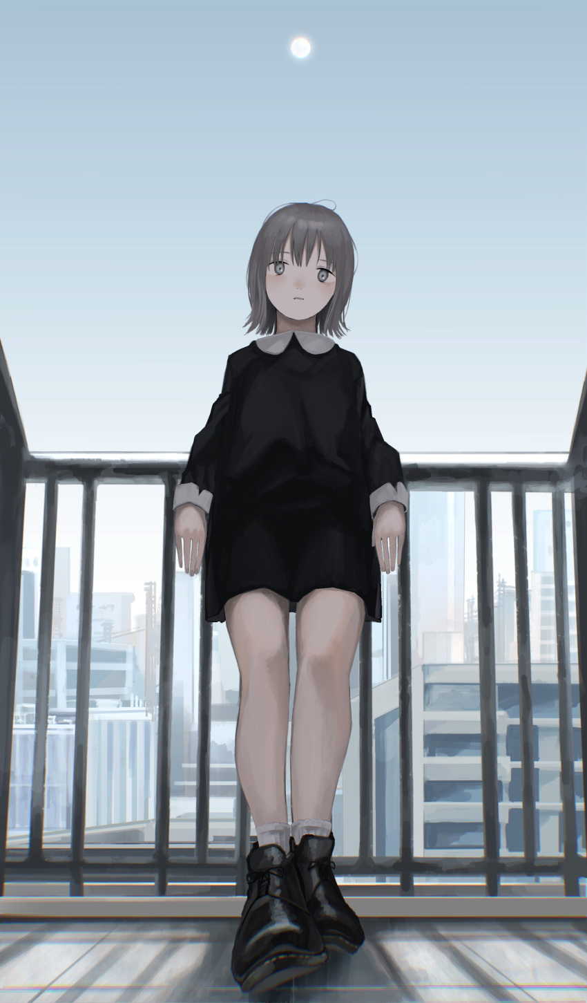 1girl absurdres bare_legs black_dress black_footwear blue_sky brown_hair building chromatic_aberration closed_mouth commentary_request day dress expressionless foreshortening grey_eyes highres leaning_on_rail long_sleeves looking_at_viewer mk_taso moon on_roof original outdoors railing shoes short_dress short_hair sky solo