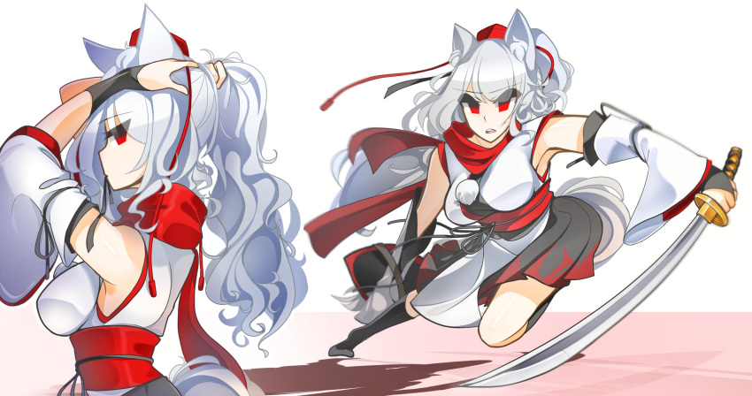 1girl adjusting_hair alternate_hairstyle animal_ears black_legwear breasts detached_sleeves eyebrows_visible_through_hair hair_between_eyes hat highres holding holding_sword holding_weapon inubashiri_momiji japanese_clothes kaliningradg large_breasts long_hair long_sleeves looking_at_viewer looking_back obi pom_pom_(clothes) ponytail red_eyes sash scarf shield solo sword tail tokin_hat touhou weapon white_hair wide_sleeves wolf_ears wolf_tail
