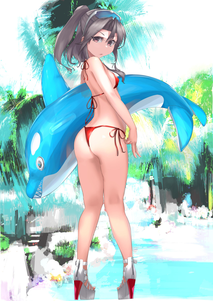 1girl absurdres ass bikini breasts dolphin eyewear_on_head fei_(feikotake) full_body grey_eyes grey_hair high_ponytail highres inflatable_toy kantai_collection long_hair looking_at_viewer looking_back red_bikini side-tie_bikini small_breasts solo standing sunglasses swimsuit symbol-only_commentary toeless_footwear zuihou_(kancolle)