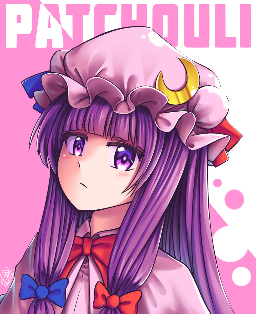 1girl absurdres bangs blue_bow blue_ribbon blunt_bangs blush bow bowtie capelet character_name closed_mouth commentary crescent crescent_hat_ornament crescent_pin expressionless hair_bow hat hat_ornament hat_ribbon highres long_hair looking_at_viewer mob_cap patchouli_knowledge purple_hair red_bow red_neckwear red_ribbon ribbon senpaihawkkun solo touhou upper_body violet_eyes