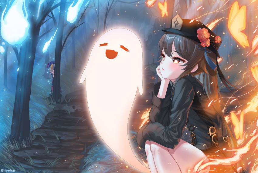 2girls behind_tree brown_hair bug butterfly chinese_clothes elsynien fire flower forest genshin_impact ghost grass half-closed_eyes hand_on_own_face hat hat_flower hiding highres hu_tao_(genshin_impact) jiangshi long_sleeves multiple_girls nature night outdoors peeking_out purple_hair qiqi_(genshin_impact) red_eyes shorts sitting star-shaped_pupils star_(symbol) symbol-shaped_pupils talisman top_hat violet_eyes