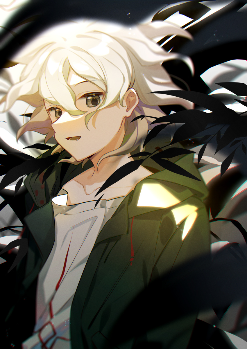 1boy :d absurdres bangs blurry brown_eyes character_name collarbone commentary danganronpa_(series) danganronpa_2:_goodbye_despair depth_of_field green_jacket hair_between_eyes happy_birthday highres hood hood_down hooded_jacket huge_filesize jacket komaeda_nagito long_sleeves looking_at_viewer lower_teeth male_focus medium_hair messy_hair midou_(grk12138) open_clothes open_jacket open_mouth print_shirt shirt smile solo upper_body white_hair white_shirt