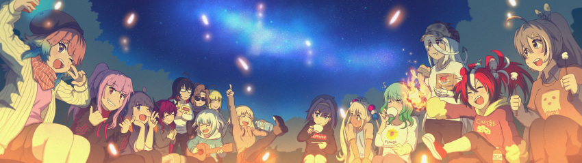 1other 6+girls \m/ ^_^ absurdres animal_ears bangs black_hair black_hoodie blonde_hair blue_hair blue_hoodie breasts brown_hair ceres_fauna closed_eyes dark-skinned_female dark_skin drinking enma-chan eyebrows_visible_through_hair fire friend_(nanashi_mumei) gawr_gura gradient_hair green_hair guitar hair_between_eyes hair_intakes hakos_baelz highres hololive hololive_english hood hoodie instrument irys_(hololive) j-chad jenma-chan medium_breasts mori_calliope mouse_ears mouse_girl mr._squeaks_(hakos_baelz) multicolored_hair multiple_girls music nanashi_mumei night ninomae_ina'nis omega_alpha one_eye_closed open_mouth orange_eyes orange_hair ouro_kronii outdoors pink_eyes pink_hair playing_instrument ponytail print_shirt purple_hair red_hoodie redhead sharp_teeth shirt silver_hair sitting smile streaked_hair sunglasses supreme sweater takanashi_kiara teeth tsukumo_sana twintails two_side_up v v-shaped_eyebrows violet_eyes virtual_youtuber watson_amelia white_hair yellow_sweater yin_midnight