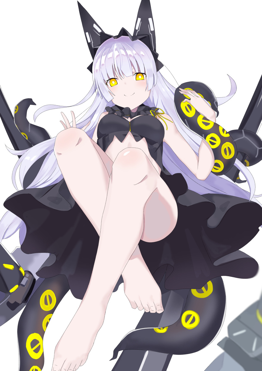 1girl absurdres azur_lane barefoot black_dress breasts dress from_below headgear highres light_purple_hair long_hair looking_at_viewer observer_alpha_(azur_lane) simple_background siren_(azur_lane) small_breasts smile solo tentacles tsukikaze_aki white_background yellow_eyes