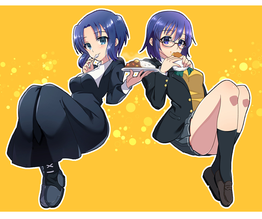 2girls absurdres bangs black-framed_eyewear black_dress black_footwear black_jacket black_legwear blue_eyes blue_hair boots bow bowtie bread breasts brown_footwear buttons ciel_(tsukihime) closed_mouth commentary_request dress eating eyebrows_visible_through_hair food food_in_mouth food_on_face glasses green_bow green_neckwear grey_skirt habit hair_between_eyes highres holding holding_food itsuka_neru jacket long_sleeves looking_at_viewer medium_breasts miniskirt multiple_girls nun open_clothes open_jacket parted_bangs pleated_skirt shirt shoes short_hair sidelocks sitting skirt smile spoon thighs tsukihime tsukihime_(remake) utensil_in_mouth vest white_shirt yellow_background yellow_vest