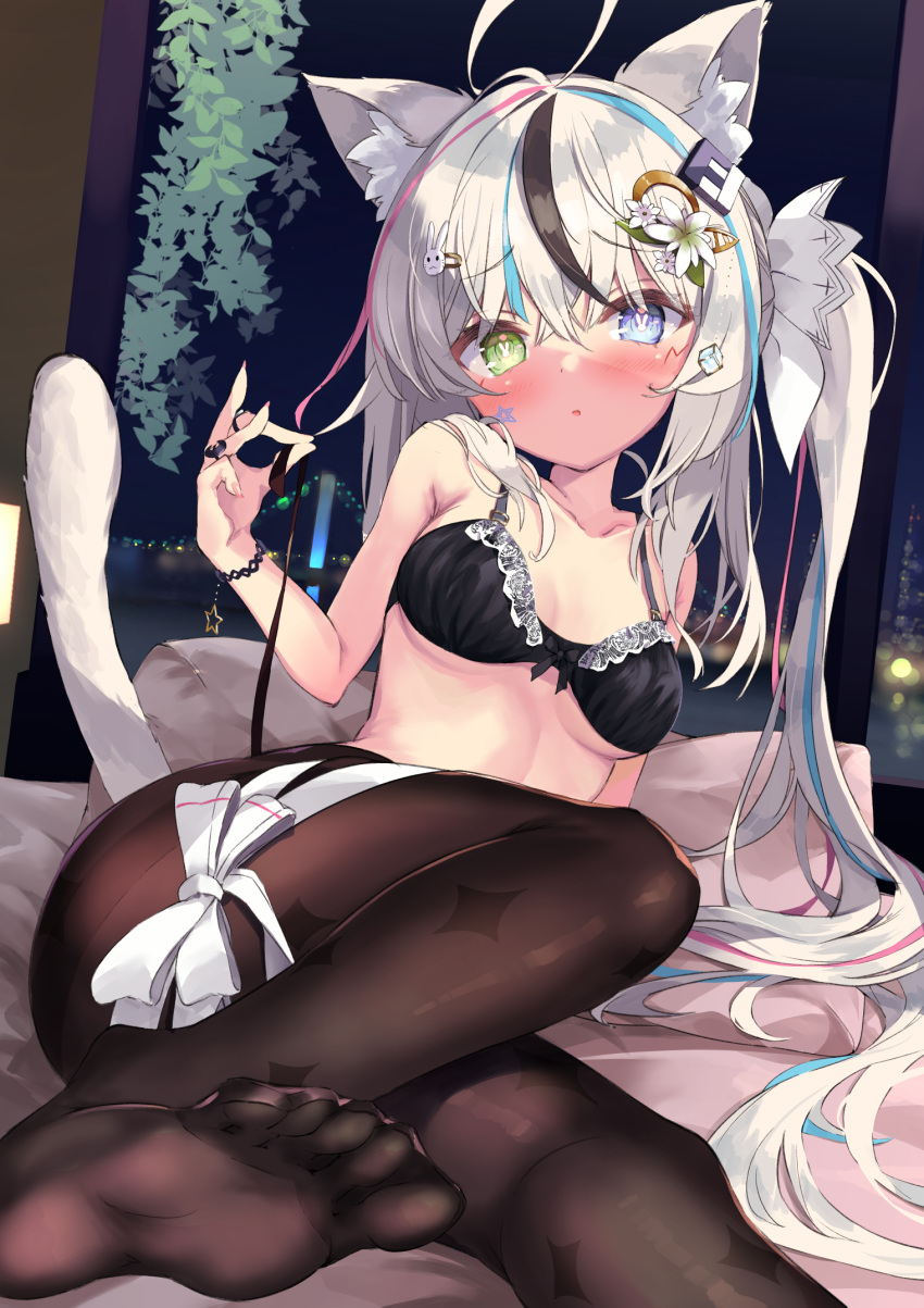 1girl :o ahoge animal_ear_fluff animal_ears bangs bare_arms bare_shoulders black_bra black_footwear black_hair blue_eyes blue_hair blush bow bra bracelet breasts bunny-shaped_pupils bunny_hair_ornament cat_ears cat_girl cat_tail commission eyebrows_visible_through_hair facial_tattoo feet flower foot_out_of_frame green_eyes hair_between_eyes hair_flower hair_ornament hair_ribbon hand_up heterochromia highres indoors jewelry long_hair looking_at_viewer medium_breasts multicolored_hair multiple_rings night no_shoes nyahu_(nyahu_77) on_bed original pantyhose parted_lips pillow pink_hair ribbon ring silver_hair skeb_commission soles solo star_tattoo streaked_hair tail tail_raised tattoo twintails underwear very_long_hair white_bow white_flower white_ribbon