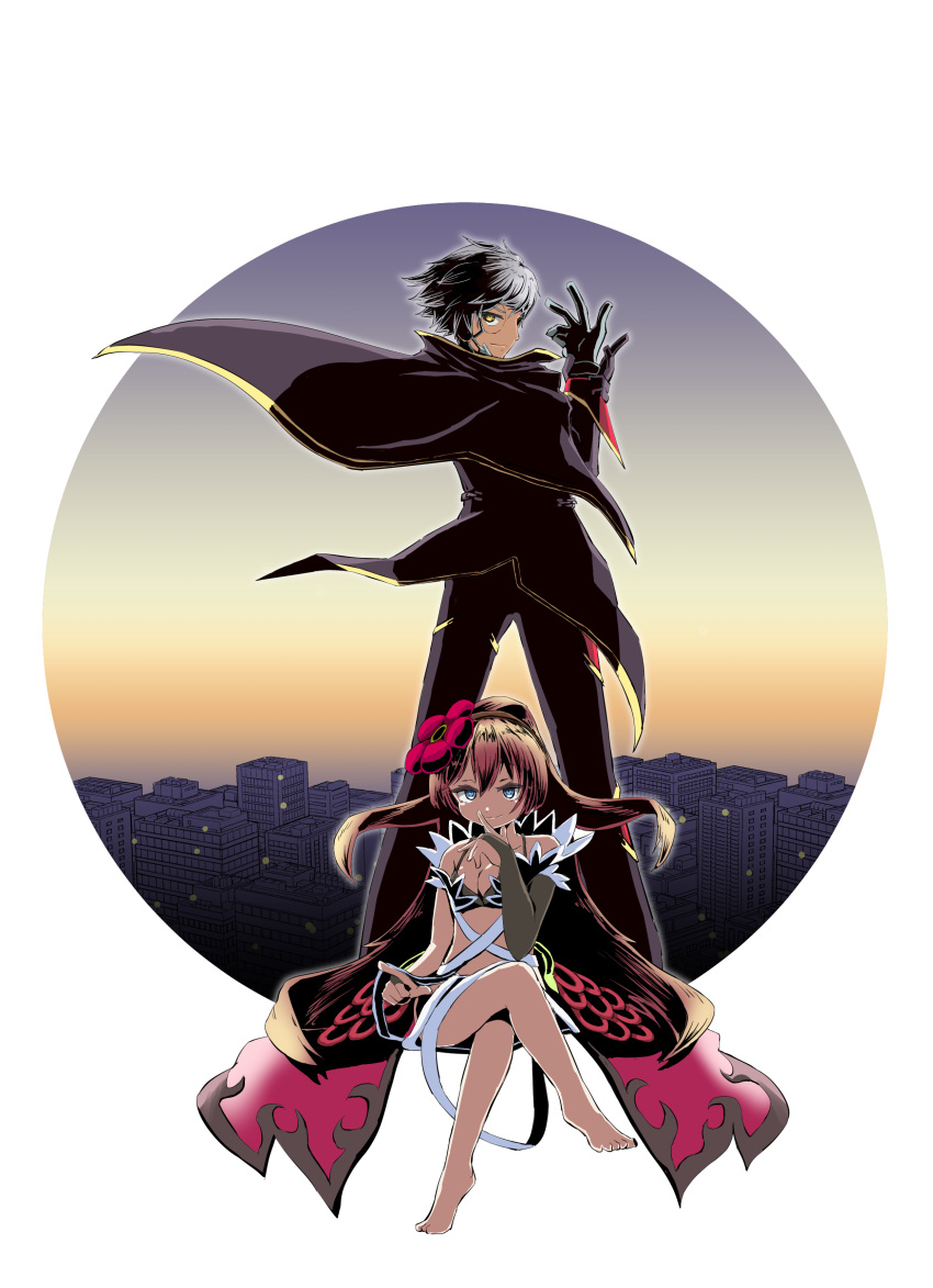 1boy 1girl absurdres blue_eyes breasts bridal_gauntlets cape cityscape commentary_request crossed_legs duel_monster highres long_hair looking_at_viewer looking_back monocle redhead sitting small_breasts smile tailcoat time_thief_redoer tomiyama_mishiro traptrix_rafflesia very_long_hair white_hair yellow_eyes yu-gi-oh!