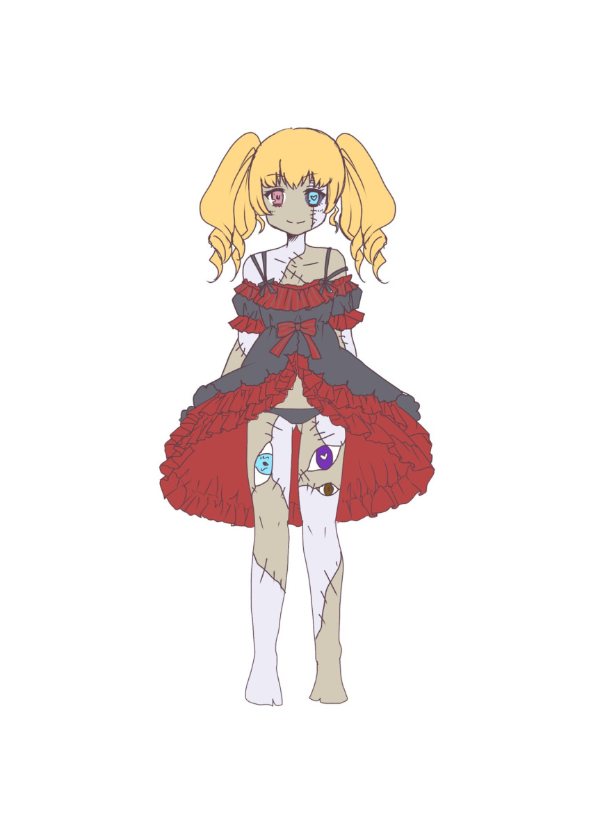 1girl ass_visible_through_thighs bangs bare_shoulders barefoot black_dress black_panties blonde_hair blood blue_eyes character_request closed_mouth dress extra_eyes eyebrows_visible_through_hair frilled_dress frills full_body heart heart-shaped_pupils heterochromia highres long_hair looking_at_viewer nagai_gojitsudan_no_nechronica nail_polish off-shoulder_dress off_shoulder omase_(mnnk_umai) panties patchwork_skin pink_nails puffy_short_sleeves puffy_sleeves red_eyes ringlets short_sleeves simple_background smile solo standing stitches symbol-shaped_pupils twintails underwear white_background