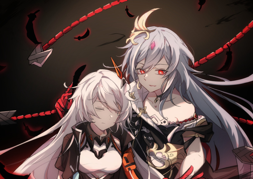 2girls :d bangs chinese_clothes closed_eyes closed_mouth dark_background feathers fu_hua fu_hua_(herrscher_of_sentience) grey_hair hair_between_eyes highres honkai_(series) honkai_impact_3rd kiana_kaslana kiana_kaslana_(void_drifter) long_hair looking_at_another multicolored_hair multiple_girls open_mouth red_eyes shiying_no_yao smile streaked_hair whip white_hair