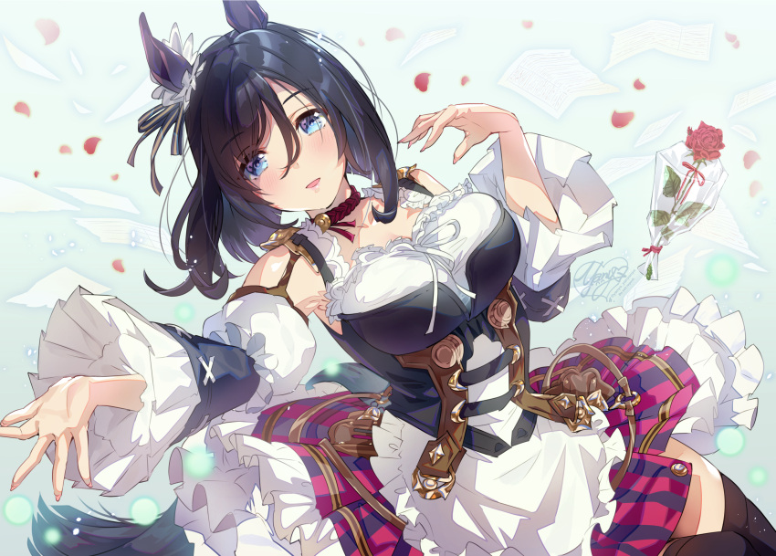 1girl animal_ears belt black_hair blue_eyes blush breasts brown_belt choker detached_sleeves dirndl eishin_flash_(umamusume) eyebrows_visible_through_hair flower frilled_sleeves frills german_clothes highres horse_ears horse_girl horse_tail large_breasts ogino_atsuki open_mouth petals plaid plaid_skirt red_choker red_flower red_rose red_skirt rose rose_petals short_hair signature skirt smile solo tail twitter_username umamusume