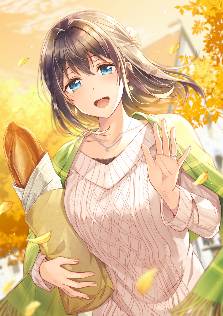 1girl :d absurdres bag bangs blue_eyes blurry blurry_background braid bread breasts brown_hair building commentary depth_of_field english_commentary eyebrows_visible_through_hair floating_hair food fringe_trim ginkgo_leaf hair_between_eyes hand_up highres holding holding_bag jewelry leaves_in_wind long_hair long_sleeves looking_at_viewer medium_breasts mono_lith open_mouth original outdoors paper_bag plaid ring shawl smile solo sunset upper_body wedding_band