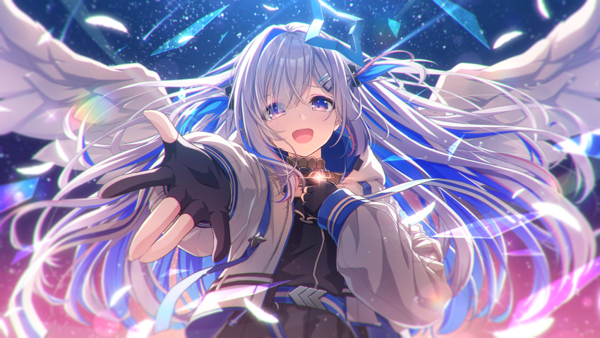 1girl :d amane_kanata angel_wings bangs black_dress black_gloves blue_eyes blue_hair chihiro_ayaka colored_inner_hair commentary_request dress eyebrows_visible_through_hair eyes_visible_through_hair glass_shards gloves hair_ornament hairclip halo highres hololive hood hood_down hooded_jacket jacket light_particles long_hair long_sleeves multicolored_hair open_mouth outstretched_arm partially_fingerless_gloves pink_hair puffy_long_sleeves puffy_sleeves reaching_out silver_hair smile solo star_halo streaked_hair two_side_up upper_body very_long_hair virtual_youtuber white_jacket white_wings wings