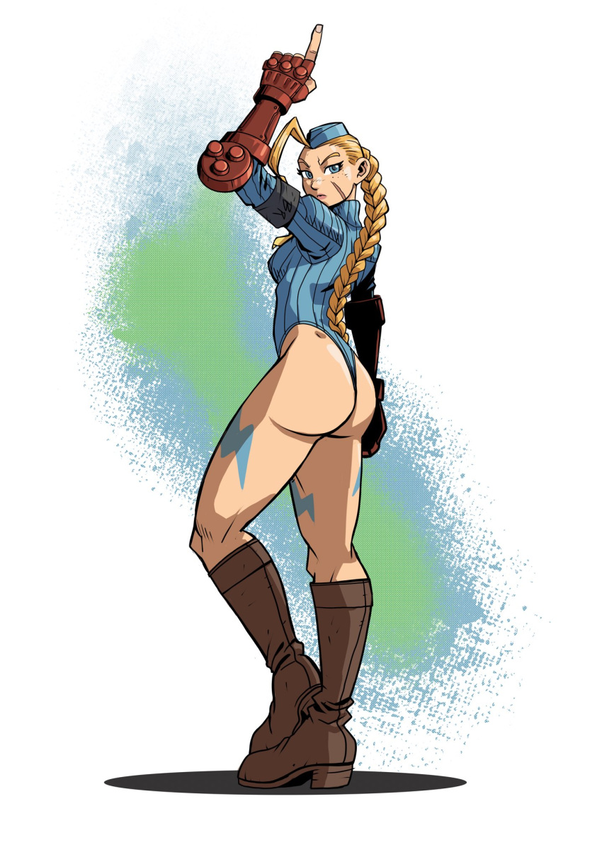 1girl ahoge armband ass bannon_rudis blonde_hair blue_eyes blue_leotard bodypaint boots braid braided_ponytail breasts brown_footwear cammy_white full_body garrison_cap gauntlets gloves hat highres knee_boots leotard necktie pointing pointing_up red_gloves ribbed_leotard scar scar_on_face shadaloo_dolls shadow signature simple_background small_breasts street_fighter street_fighter_zero_(series) t-back thong_leotard turtleneck_leotard yellow_neckwear