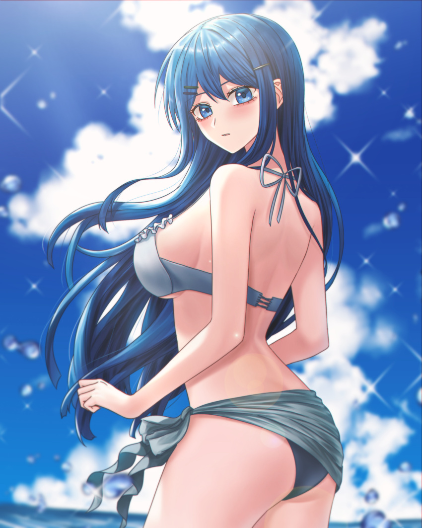 1girl absurdres ass bangs bare_arms bare_shoulders bikini blue_eyes blue_hair breasts clouds commentary commission cowboy_shot danganronpa:_trigger_happy_havoc danganronpa_(series) danganronpa_s:_ultimate_summer_camp day english_commentary from_side hair_ornament hairclip highres large_breasts long_hair looking_at_viewer maizono_sayaka outdoors parted_lips porary solo sparkle swimsuit