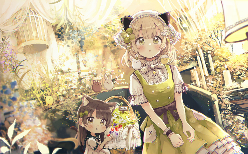 2girls :o absurdres animal animal_ears basket bear bird birdcage blue_flower blush bow brown_eyes brown_hair cage cat_ears chick closed_mouth commentary_request dress flower green_dress highres long_hair looking_at_viewer minigirl multiple_girls original parted_lips pink_flower rabbit sakura_oriko shirt short_sleeves sitting sleeveless sleeveless_dress white_bow white_dress white_flower white_shirt yellow_flower