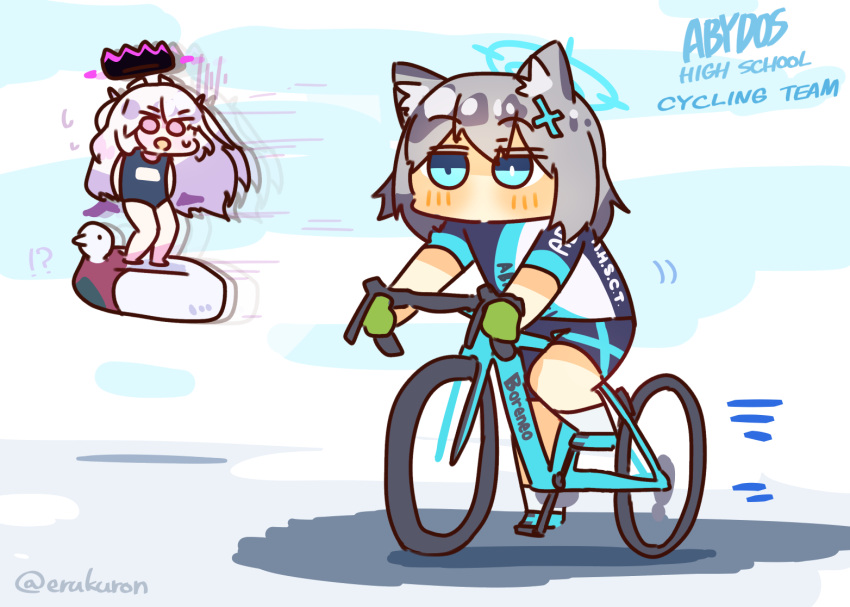 !? 2girls animal_ear_fluff animal_ears bangs bicycle bike_jersey bike_shorts blue_archive blue_eyes blush chibi closed_mouth commentary_request cross_hair_ornament demon_horns english_text flying full_body grey_hair ground_vehicle hair_ornament halo hina_(blue_archive) horns inflatable_toy lcron long_hair looking_ahead looking_at_another medium_hair motion_lines multiple_girls open_mouth riding_bicycle school_swimsuit shadow shiroko_(blue_archive) standing swimsuit twitter_username violet_eyes white_footwear