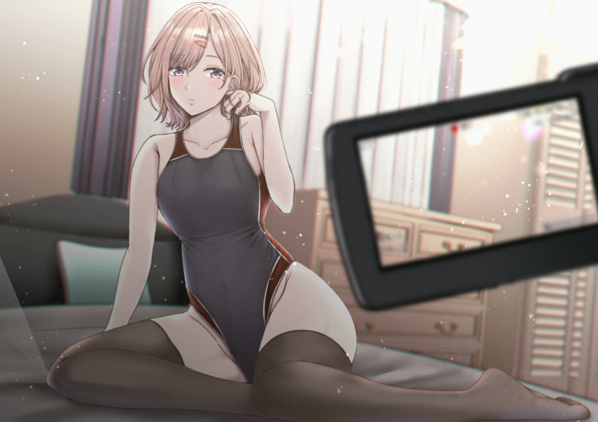 1girl bedroom black_legwear black_swimsuit blurry brown_hair camcorder closed_mouth collarbone commentary_request competition_swimsuit covered_navel curtains depth_of_field drawer flat_chest full_body hair_ornament hairclip higuchi_madoka idolmaster idolmaster_shiny_colors indoors looking_at_viewer mole mole_under_eye one-piece_swimsuit shohei_(piranha5hk) short_hair sitting solo swimsuit thigh-highs violet_eyes yokozuwari