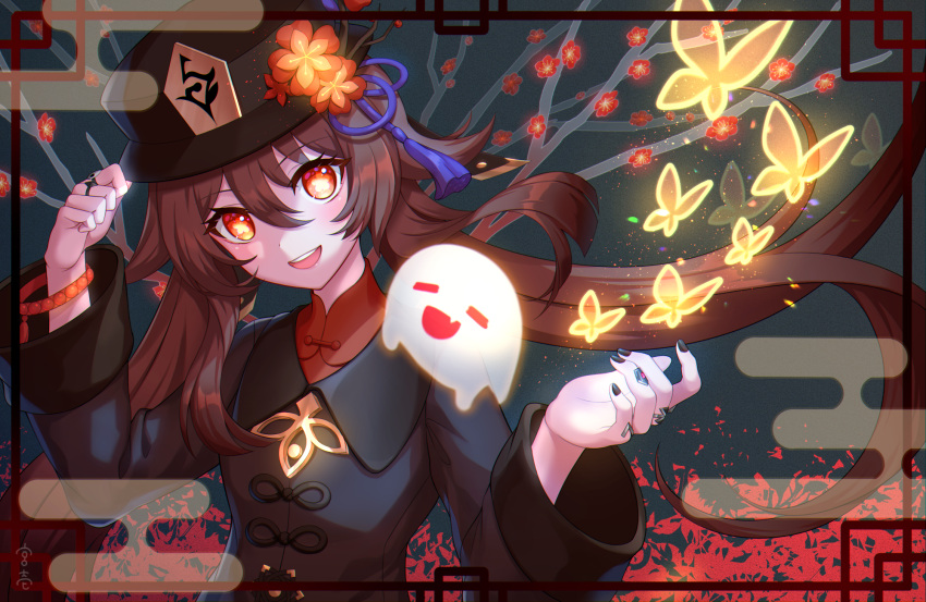 1girl bead_bracelet beads black_nails bracelet bug butterfly egasumi flower genshin_impact hat hat_tip highres hu_tao_(genshin_impact) jewelry long_sleeves looking_at_viewer miyaichi99 nail_polish open_mouth plum_blossoms red_eyes ring smile symbol-shaped_pupils top_hat twintails