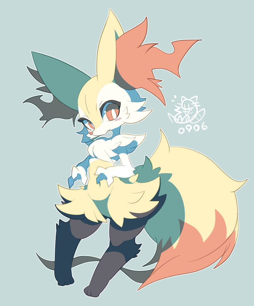 absurdres animal_ear_fluff animal_ears blue_background blush_stickers braixen bright_pupils closed_mouth dated fang fox_ears fox_tail furry gen_6_pokemon hands_up highres looking_at_viewer outline pokemon pokemon_(creature) red_eyes red_nose shiongaze signature simple_background skin_fang slit_pupils standing tail white_outline