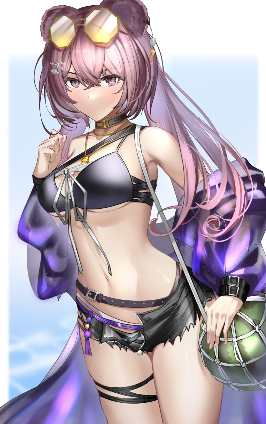 1girl absurdres animal_ears arknights ascter bikini black_bikini black_collar black_shorts blush breasts chinese_commentary collar collarbone commentary_request eyewear_on_head food fruit hair_between_eyes hair_ornament hairclip hand_up highres jacket lin_yuhsia_(arknights) long_hair looking_at_viewer medium_breasts mouse_ears navel off_shoulder pink_eyes pink_hair purple_jacket shorts solo star_(symbol) star_hair_ornament stomach sunglasses swimsuit thigh_strap v-shaped_eyebrows watermelon