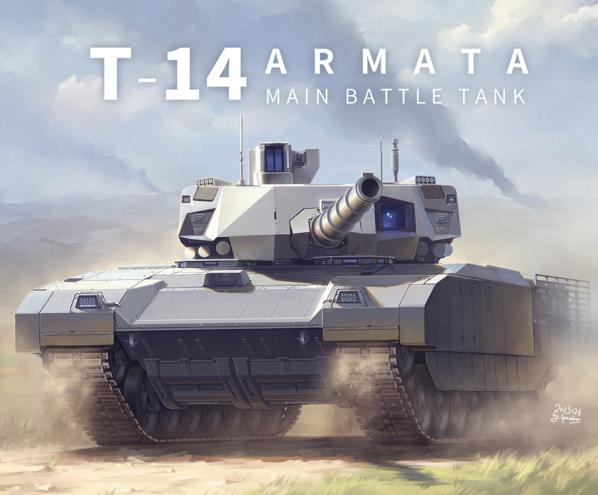artist_name cannon caterpillar_tracks clouds cloudy_sky commission dated dust english_text grass highres military_vehicle motor_vehicle no_humans real_life sky spacebar_hobby t-14_armata tank vehicle_focus