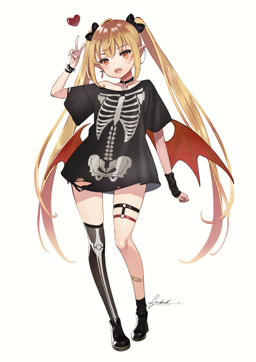 :d absurdres arm_up bangs black_bow black_choker black_dress black_footwear black_legwear blonde_hair bow choker commentary cross_choker demon_wings dress ear_piercing earrings english_commentary eyebrows_visible_through_hair fubuki_(fakemonkey0224) full_body hair_bow heart highres jewelry long_hair looking_at_viewer open_mouth original piercing print_dress red_eyes shoes short_sleeves signature simple_background single_thighhigh skeleton_print smile standing thigh-highs thigh_strap twintails v very_long_hair white_background wings