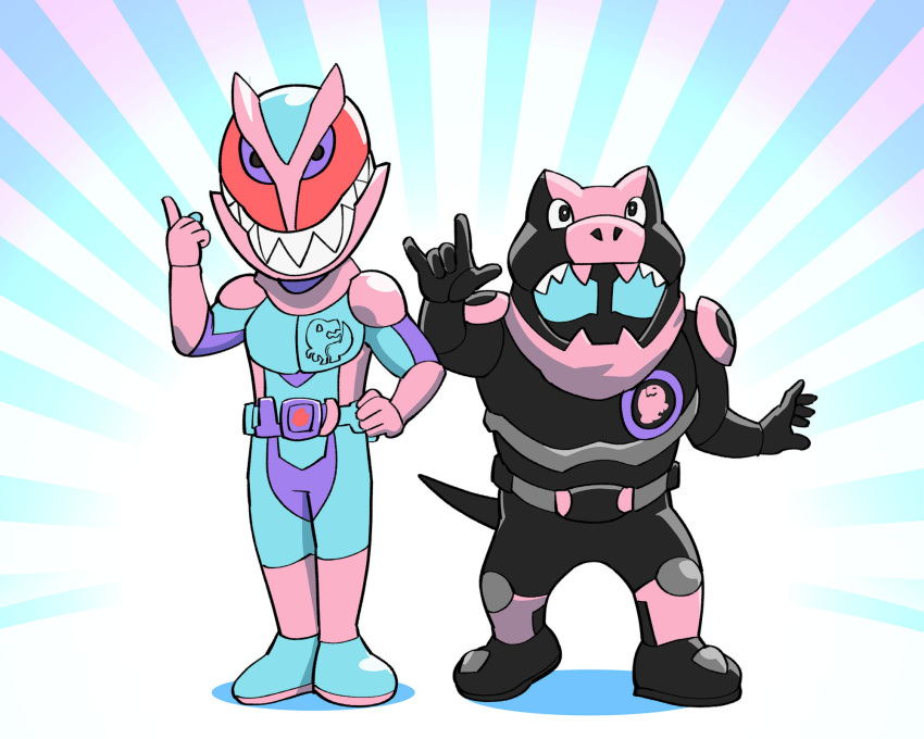 2boys \m/ belt dinosaur_tail fujiko_f_fujio_(style) full_body hand_on_hip highres index_finger_raised kamen_rider kamen_rider_revi kamen_rider_revice kamen_rider_vice multiple_boys parody pink_armor rex_genome rider_belt sharp_teeth standing style_parody tail teeth ueyama_michirou vistamp