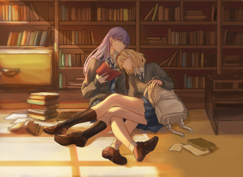 2girls alice_margatroid alternate_costume bag bangs black_legwear blonde_hair book book_stack closed_eyes hairband headwear_removed jewelry long_hair long_sleeves looking_to_the_side multiple_girls necktie pages patchouli_knowledge purple_hair ring school_uniform shelf shoes short_hair sleeping slms sweatdrop sweater swept_bangs touhou violet_eyes