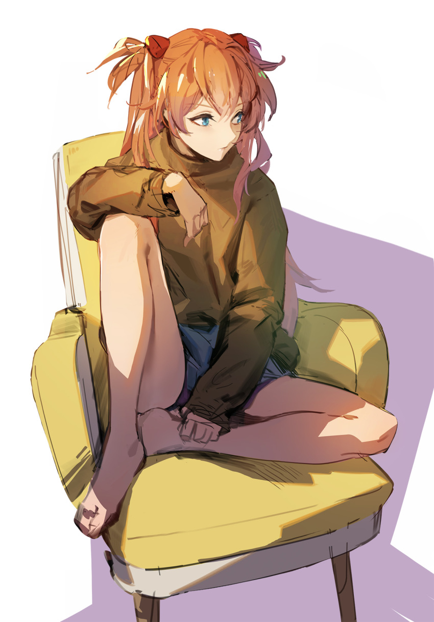 1girl blue_eyes c.x.c chair hair_ornament highres long_hair neon_genesis_evangelion orange_hair shorts sitting sleeves_past_wrists solo souryuu_asuka_langley sweater two_side_up