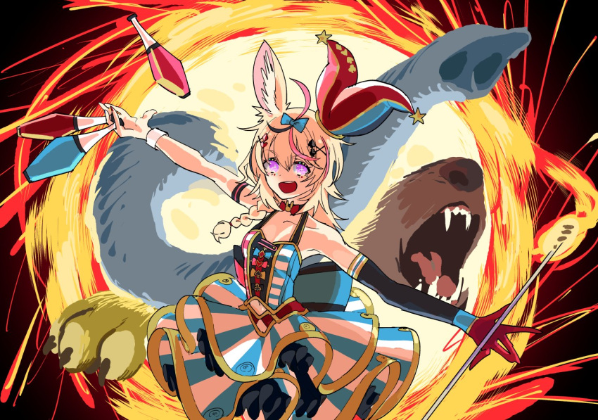 1girl animal_ear_fluff animal_ears bangs bare_shoulders bear blonde_hair blue_bow bow breasts collarbone commentary_request elbow_gloves elephant eyebrows_visible_through_hair fangs fox_ears fox_girl gloves hair_bow hat hololive hololive_alternative jester_cap juggling_club leaning_back magic mochizuki_maya omaru_polka open_hands open_mouth portal_(object) red_gloves single_elbow_glove single_glove skirt small_breasts solo sparkling_eyes stick striped striped_skirt tilted_headwear violet_eyes virtual_youtuber