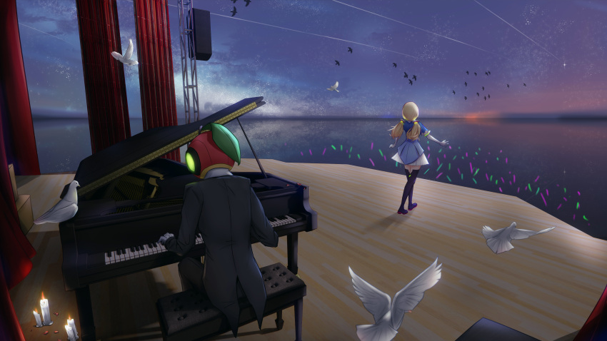 1girl absurdres aki_rosenthal apple bangs bird blonde_hair candle concert crowd detached_hair dove food formal from_behind fruit glowstick highres hololive instrument long_hair music ocean piano playing_instrument playing_piano reflection rosen-tai shooting_star short_hair shoshu sitting speaker stage standing suit twintails virtual_youtuber