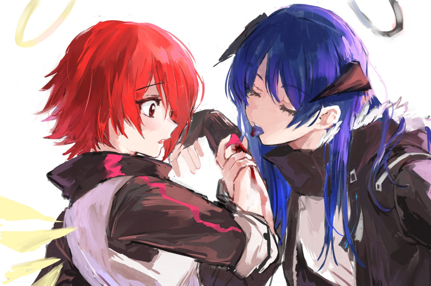 2girls arknights black_gloves black_jacket blood_on_arm blue_hair blue_tongue closed_eyes colored_tongue commentary_request demon_horns energy_wings exusiai_(arknights) eyebrows_visible_through_hair fingerless_gloves gloves halo hand_up highres horns injury jacket licking_arm licking_injury long_hair looking_at_another mostima_(arknights) multicolored multicolored_clothes multicolored_jacket multiple_girls na_tarapisu153 parted_lips profile red_eyes redhead shirt short_hair simple_background sleeves_rolled_up tongue tongue_out two-tone_jacket upper_body white_background white_jacket white_shirt yuri