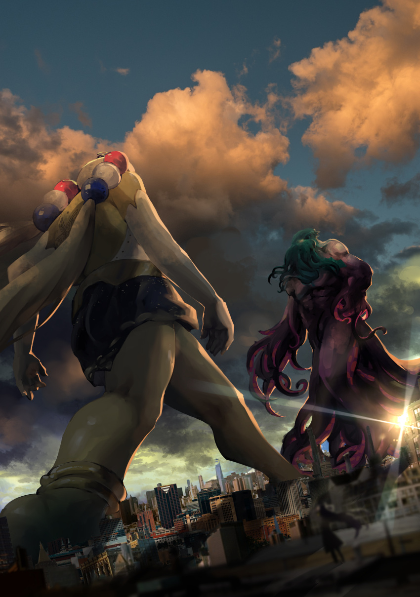 1girl absurdres backless_dress backless_outfit blonde_hair city clouds cthulhu cthulhu_mythos dark-skinned_female dark_skin dress elbow_gloves floating_hair giant giantess gloves highres hololive hololive_english jojo_no_kimyou_na_bouken monster ninomae_ina'nis oh?_you're_approaching_me? parody single_elbow_glove single_glove sky tentacles tsukumo_sana virtual_youtuber vyragami walking white_dress white_gloves