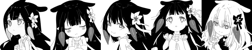 1girl bangs blush dress ender_lilies_quietus_of_the_knights english_commentary floating_hair flower frown greyscale hair_flower hair_ornament hands_together hololive hololive_english long_hair long_image looking_at_viewer mole mole_under_eye monochrome multiple_views ninomae_ina'nis ninomae_ina'nis_(artist) open_hands open_mouth sad smile tentacle_hair virtual_youtuber wide_image