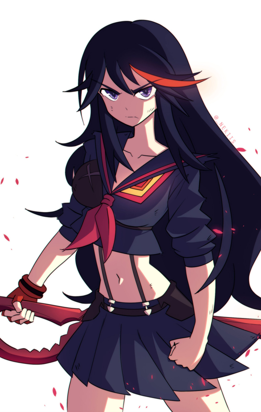 1girl absurdres alternate_hair_length alternate_hairstyle black_hair black_serafuku frown highres kill_la_kill looking_at_viewer matoi_ryuuko nekiis redhead school_uniform senketsu serafuku solo white_background