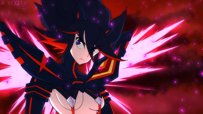 1girl black_hair colored_inner_hair frown highres kill_la_kill looking_at_viewer matoi_ryuuko multicolored_hair nekiis red_background redhead revealing_clothes senketsu solo suspenders