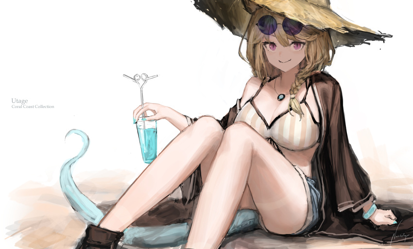 1girl arknights bare_shoulders blue_shorts breasts character_name commentary crazy_straw cup drink drinking_glass drinking_straw eyewear_on_head feet_out_of_frame hat heart_straw highres holding holding_cup knees_up large_breasts nashidrop off_shoulder official_alternate_costume short_hair short_shorts shorts silver_hair simple_background sitting solo sun_hat sunglasses tail thighs utage_(arknights) utage_(summer_flowers)_(arknights) violet_eyes white_background