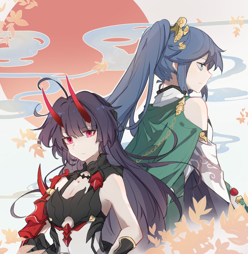 2girls absurdres antenna_hair armor armpits bangs bare_shoulders black_hair blue_eyes china_dress chinese_clothes closed_mouth clouds cloudy_sky dress fu_hua fu_hua_(azure_empyrea) gauntlets hair_between_eyes hair_ornament highres honkai_(series) honkai_impact_3rd horns japanese_armor leaf long_hair looking_at_viewer looking_to_the_side maple_leaf multiple_girls ponytail raiden_mei raiden_mei_(herrscher_of_thunder) shiying_no_yao single_gauntlet sky violet_eyes white_dress