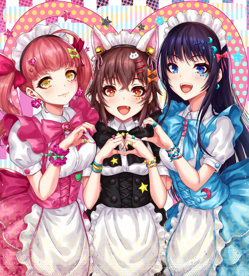 3girls :d apron bangs black_bow black_dress blue_dress blue_eyes blunt_bangs bow bracelet brown_hair buttons cat_hair_ornament closed_mouth collared_shirt commentary_request crossed_bangs double-breasted dress dress_shirt earrings eyebrows_visible_through_hair fang frilled_apron frills gem hair_bow hair_ornament hair_ribbon hairclip hand_up hands_up heart heart_earrings heart_hair_ornament heart_hands highres jewelry large_bow long_hair looking_at_viewer maid maid_headdress multicolored multicolored_background multiple_girls open_mouth original pink_bow puffy_short_sleeves puffy_sleeves redhead ribbon ring sakiyamama shiny shiny_hair shirt short_sleeves smile star_ornament twintails waist_apron white_apron white_shirt