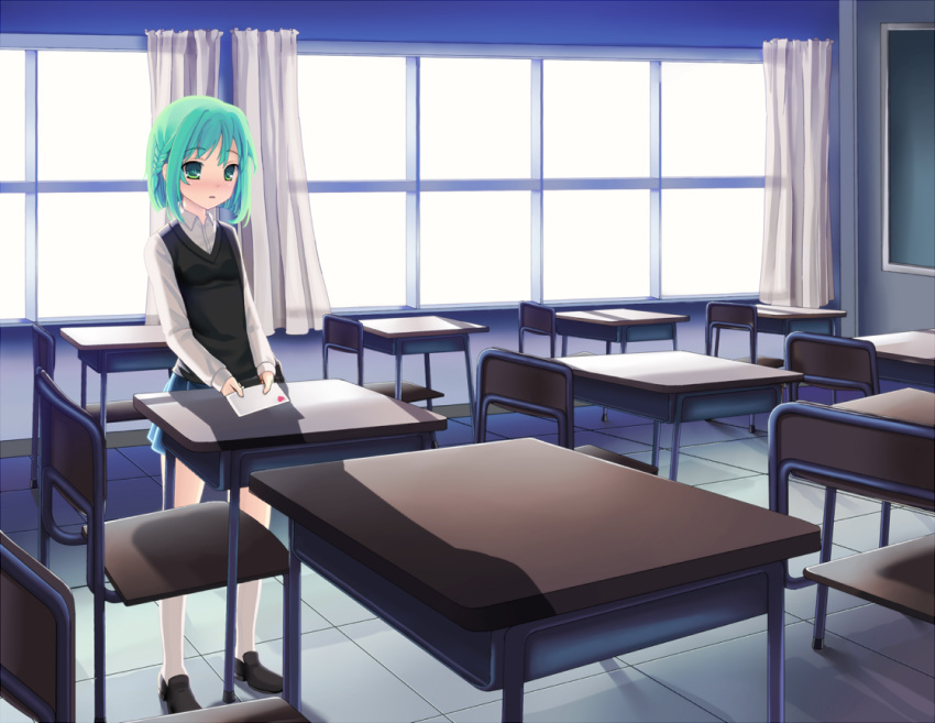 1girl bangs blush braid breasts classroom curtains desk green_eyes green_hair hitsukuya holding indoors loafers long_sleeves love_letter open_mouth original school_uniform shoes short_hair small_breasts solo standing white_legwear window