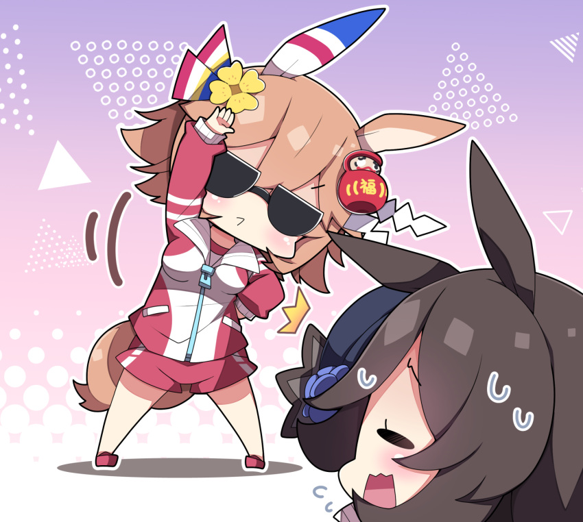 2girls animal_ears arm_up bangs black_headwear blue_flower blue_rose blush breasts brown_eyes brown_hair closed_eyes closed_mouth commentary_request daruma_doll eyebrows_visible_through_hair flower flying_sweatdrops gym_shirt gym_shorts gym_uniform hair_flower hair_ornament hat hat_flower highres horse_ears horse_girl horse_tail jacket long_sleeves matikanefukukitaru_(umamusume) medium_breasts milkpanda multiple_girls open_mouth red_footwear red_jacket red_shorts rice_shower_(umamusume) rose shide shirt shoes short_shorts shorts sleeves_past_wrists stretch sunglasses sweat tail tilted_headwear track_jacket umamusume white_shirt yellow_flower