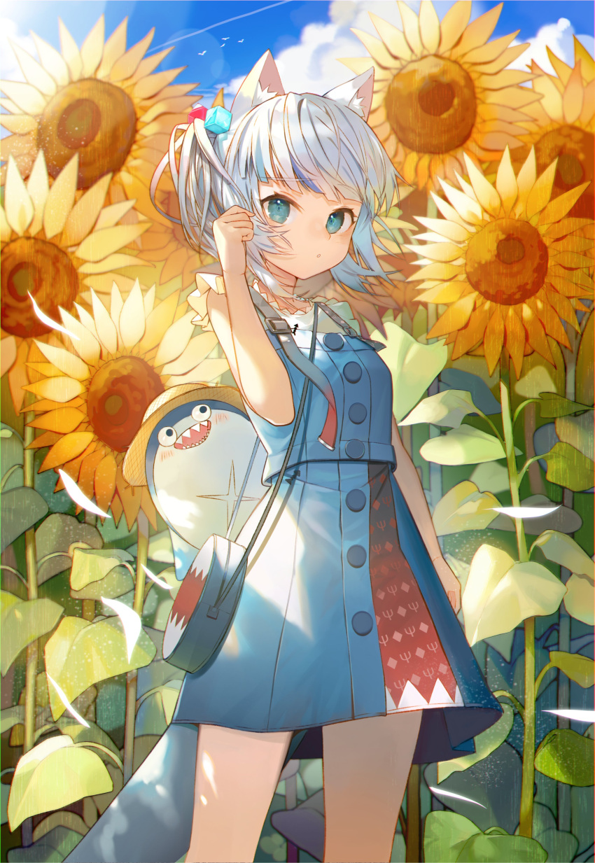 1girl absurdres animal_ear_fluff animal_ears asymmetrical_hair bag bird bloop_(gawr_gura) blue_eyes blue_hair blue_skirt blue_sky breasts cat_ears clouds cloudy_sky commentary condensation_trail cowboy_shot day diamond_(shape) eyebrows_visible_through_hair field flower flower_field gawr_gura hair_cubes hair_ornament hand_in_hair handbag hat highres hololive hololive_english kemonomimi_mode lens_flare looking_at_viewer medium_hair multicolored_hair official_alternate_costume outdoors parted_lips shark_print side_ponytail silver_hair skirt skirt_set sky sleeveless small_breasts solo standing strap straw_hat streaked_hair sunflower sunlight symbol-only_commentary trident_print two-tone_hair ugusu24 virtual_youtuber wind